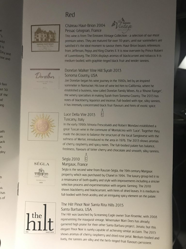 Emirates First Class Menu