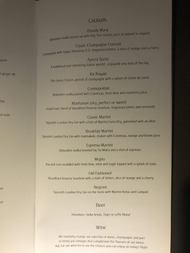 Emirates First Class Menu