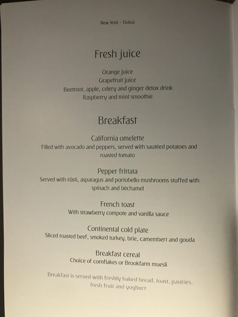 Emirates First Class Menu