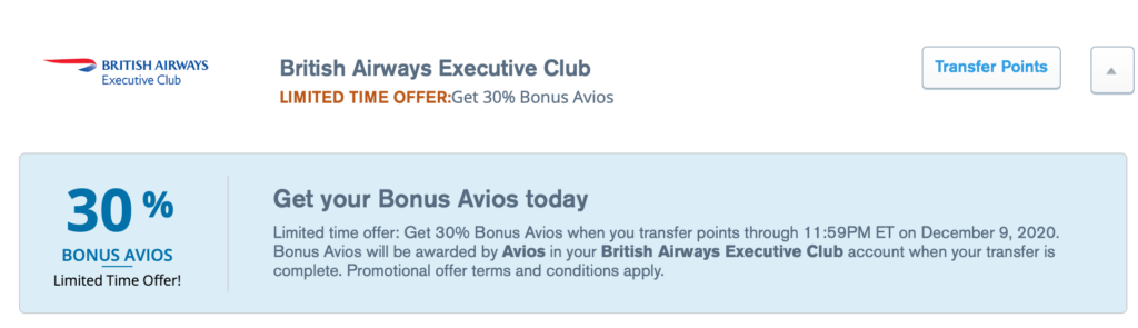 chase ultimate rewards avios transfer bonus