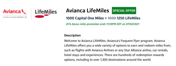 capital one avianca lifemiles transfer bonus