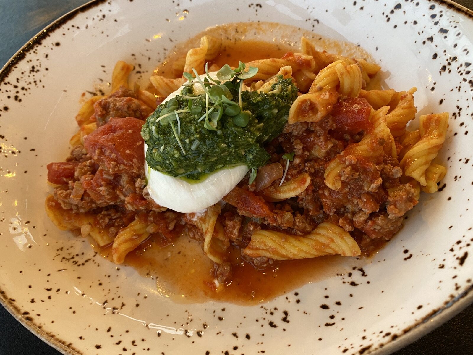 GARGANELLI PASTA: Wild Boar Bolognese, Burrata Cheese, Arugula Pesto