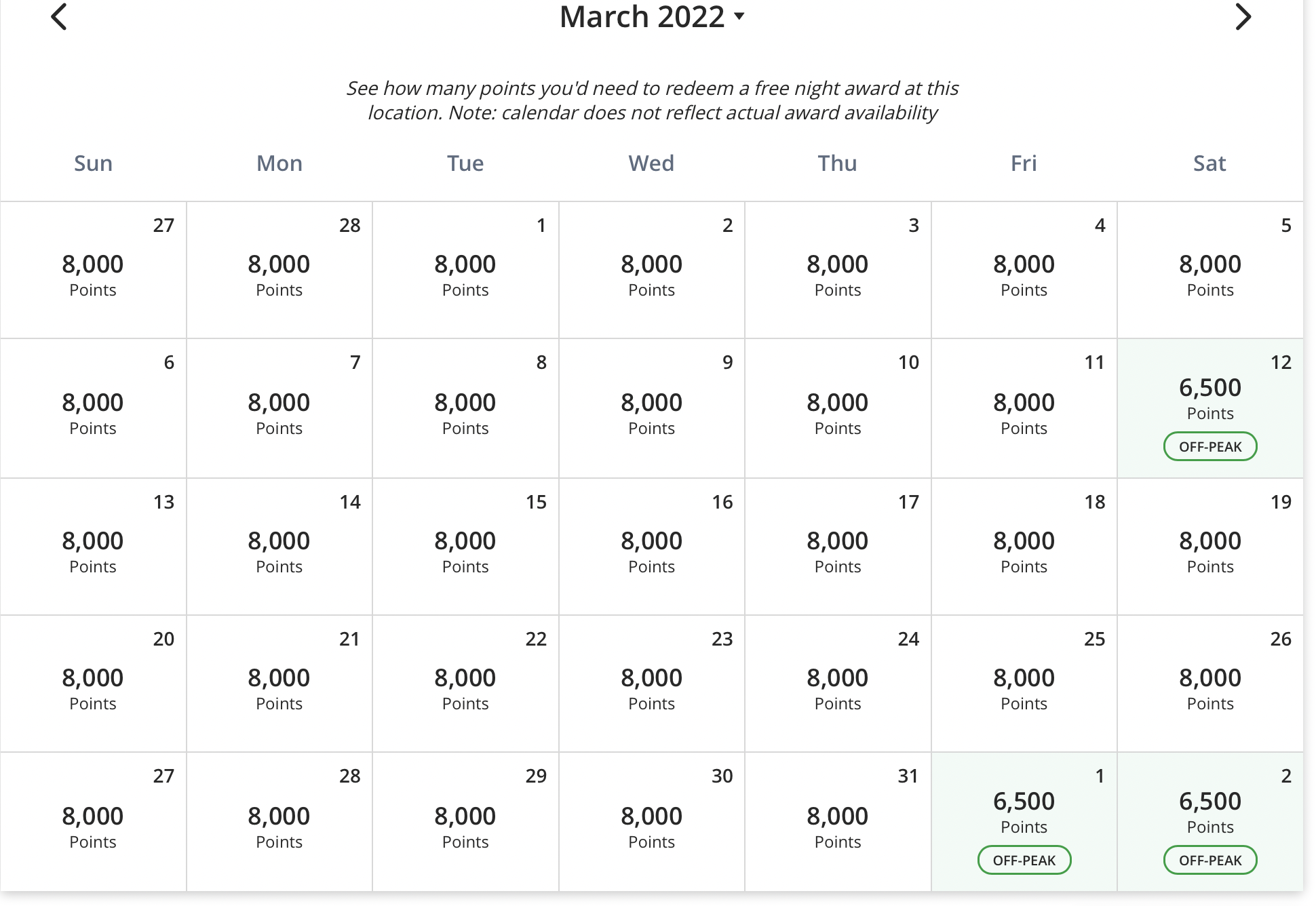 hyatt off-peak price calendar