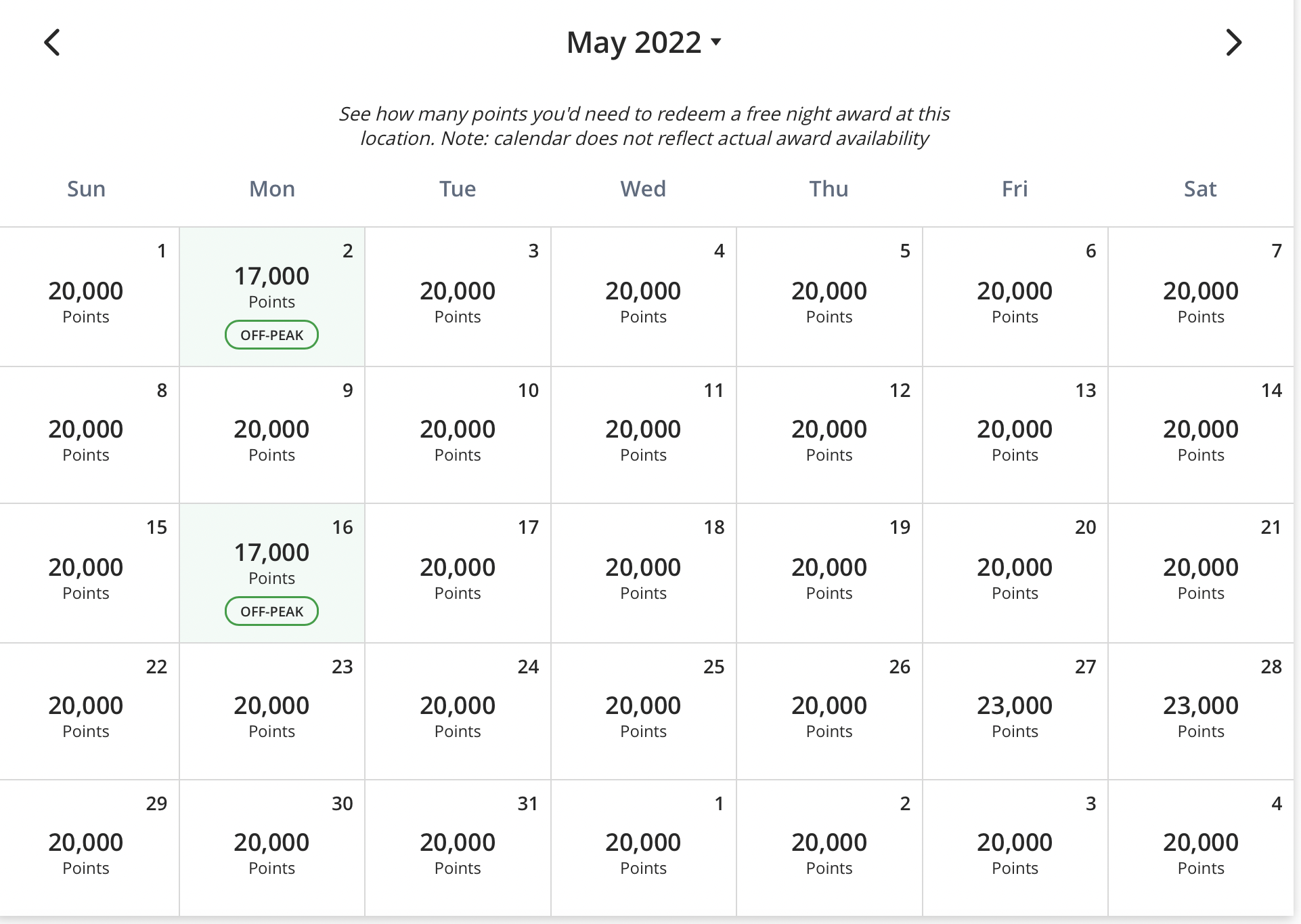 hyat peak pricing calendar