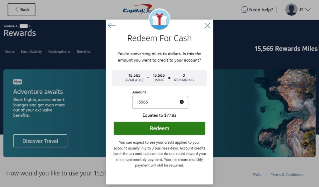 capital one miles redeem for cash