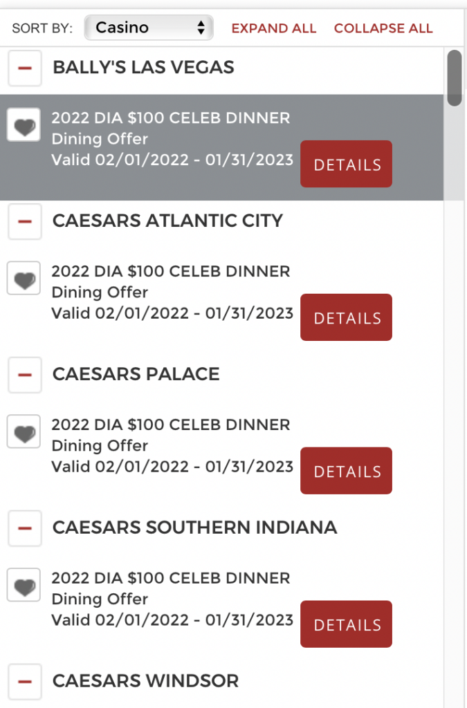 view caesars celebration dinner availability online