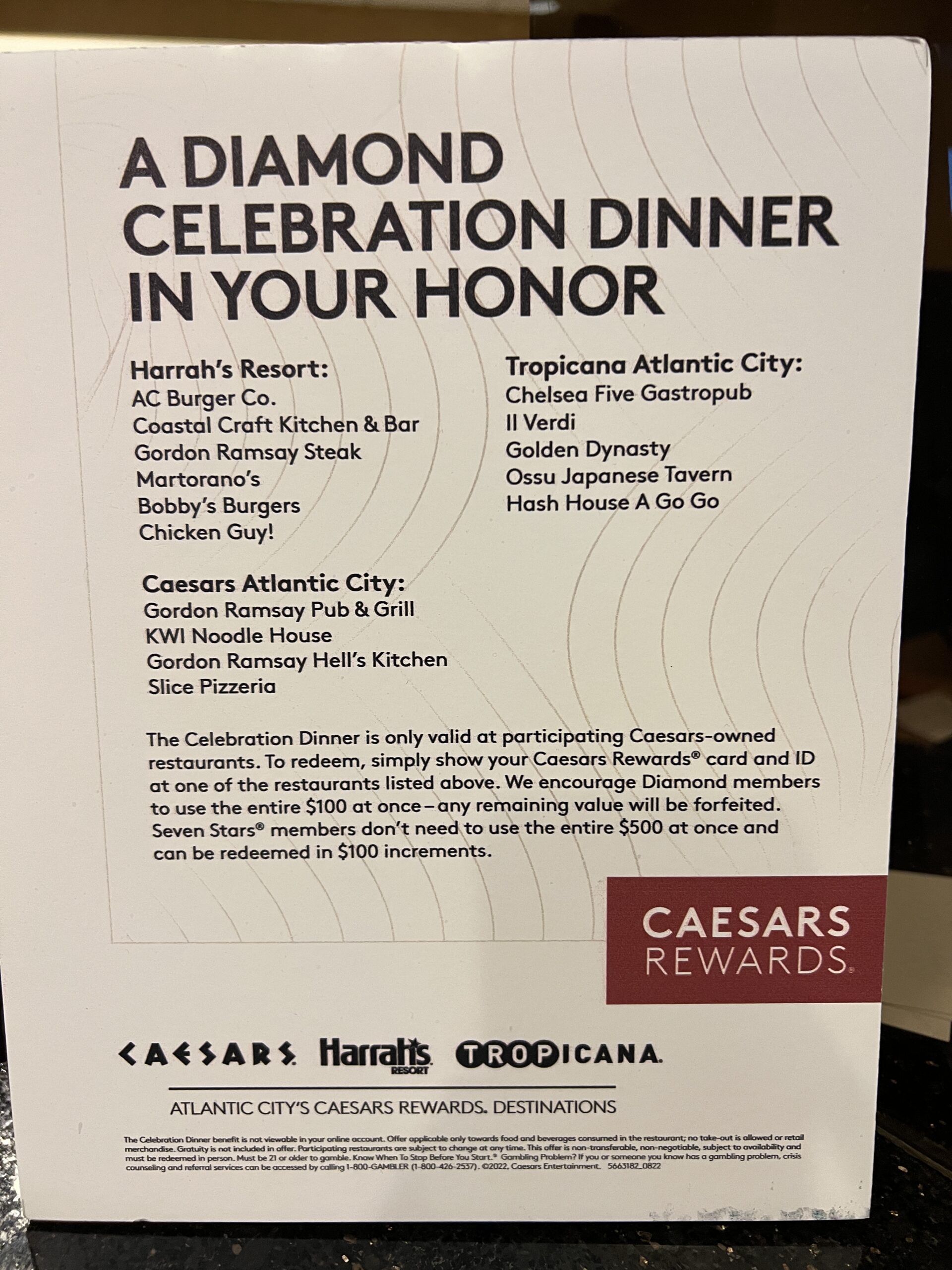 $100 caesars celebration dinner locations atlantic city