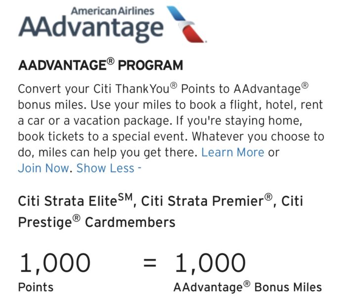 Screenshot Citi ThankYou transfer to American Airlines AAdvantage live