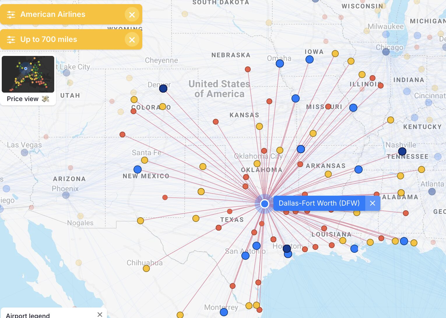 A screenshot showing American Airlines routes under 700 miles from Dallas (DFW)