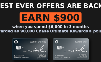 Best Ever Offer Returns: $900 (90,000 Bonus Points) on Both No Fee Chase Ink Business Cards chase ink best ever offers $900 90,000 points