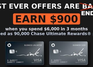 LAST DAY: Ends by 9 AM EST on 11/13/2025! $900 (90,000 Bonus Points) on No Fee Chase Ink Business Cards Promotional offer for Chase credit cardshase 90,000 point ink cash ink unlimited offers end November 13th