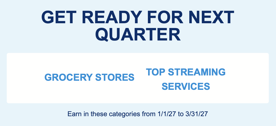 Chase Freedom Flex Q1 2027 bonus categories showing Grocery Stores and Top Streaming Services